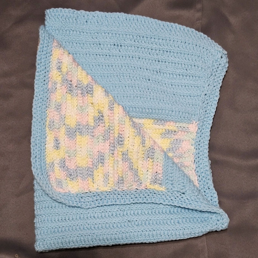 Handmade Crochet Baby Blanket Blue Pastel Variegated Striped 26x35 Nursery